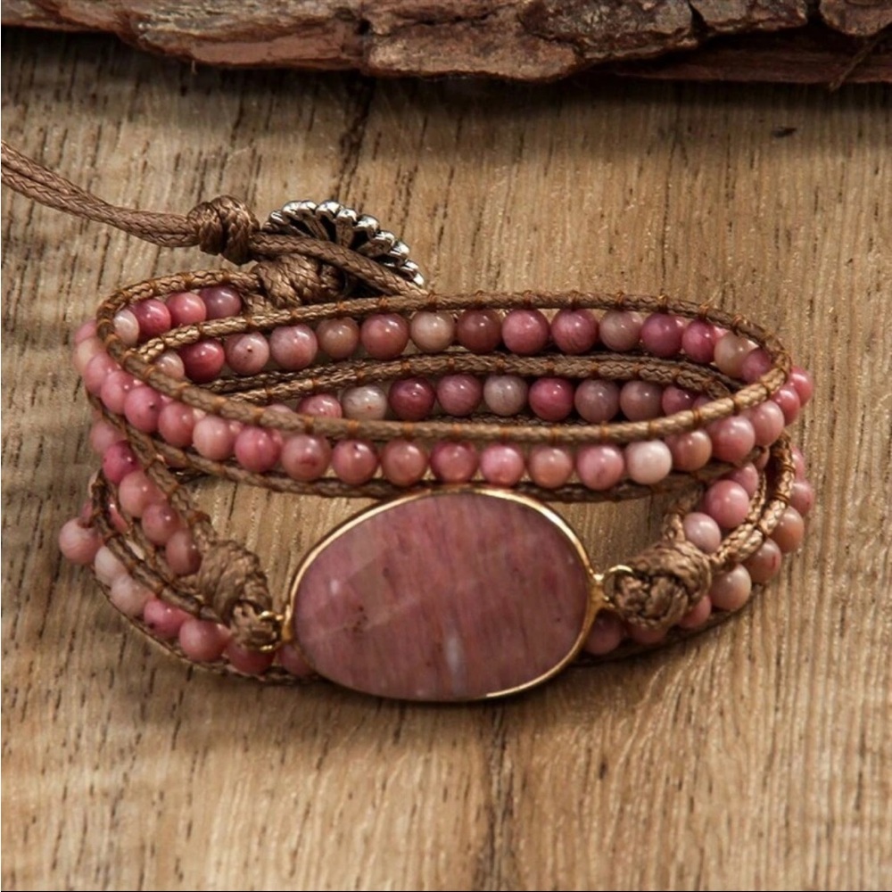 Dusty pink natural gemstone wrap bracelet